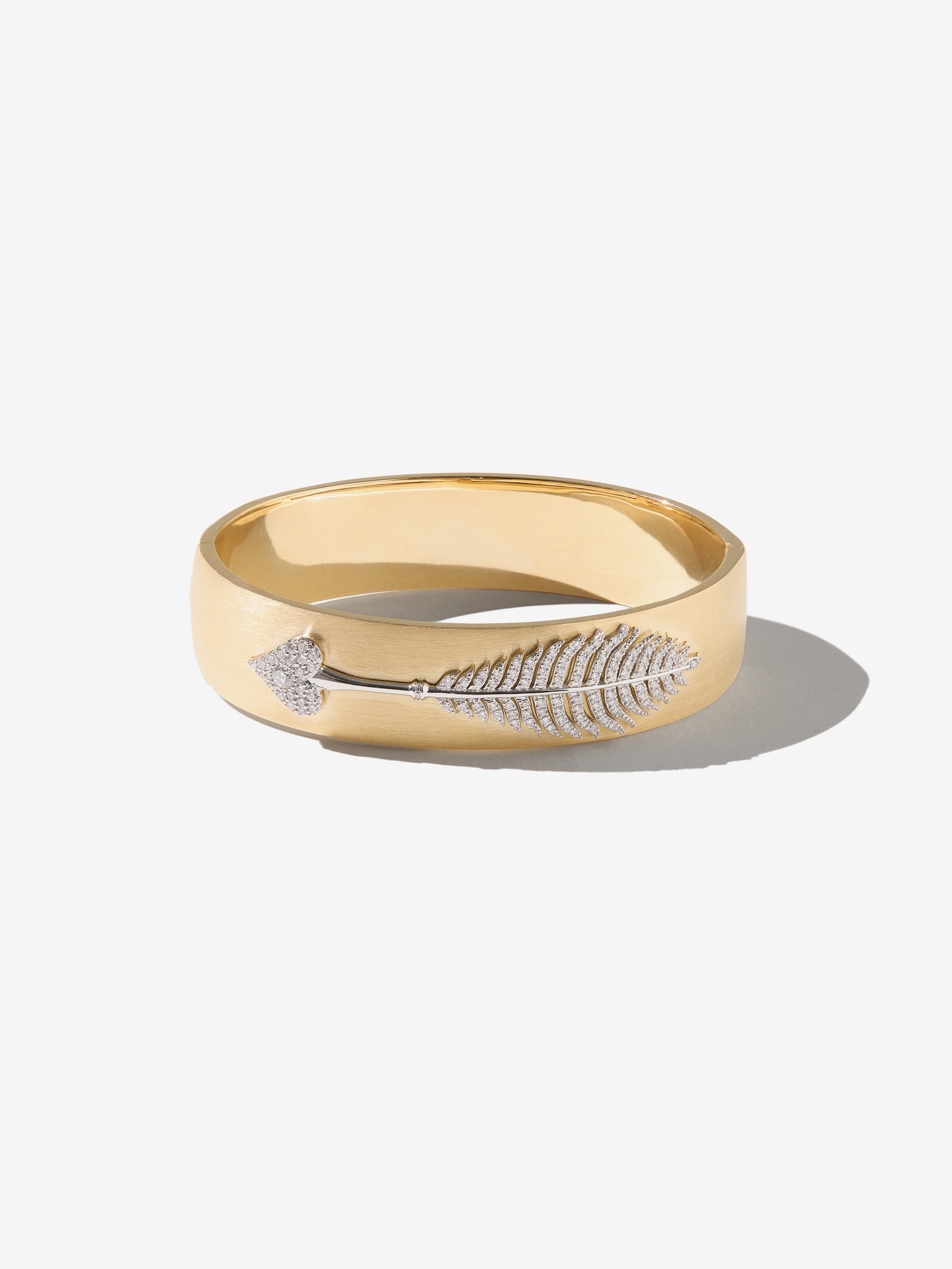 8B XVIII. Brushed Yellow Gold Bangle With White Gold Diamond Feather Heart Bracelet