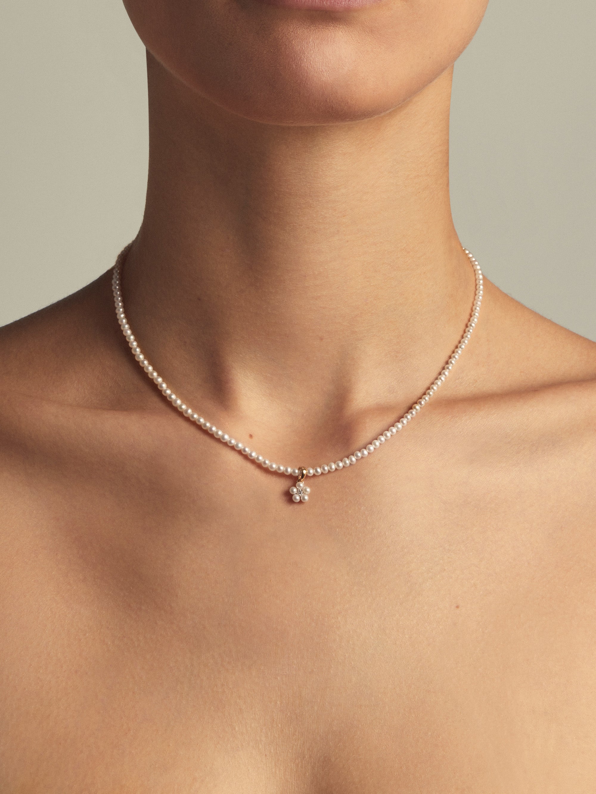 SBN329X18 Sea of Beauty. Pearl and Diamond Flower on Pearl Necklace