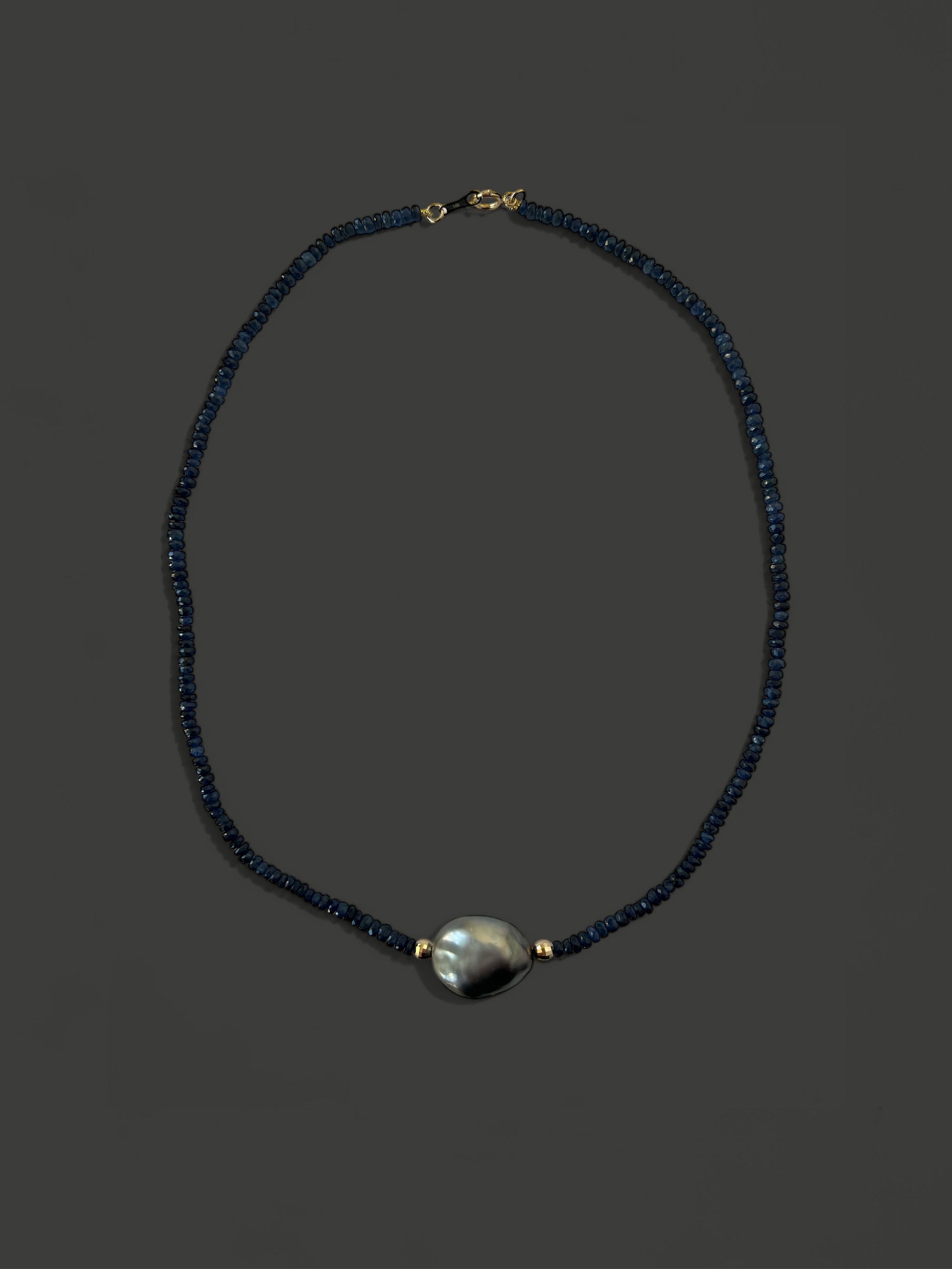 FN28 Blue Sapphire and Black Tahitan Keshi Pearl Necklace