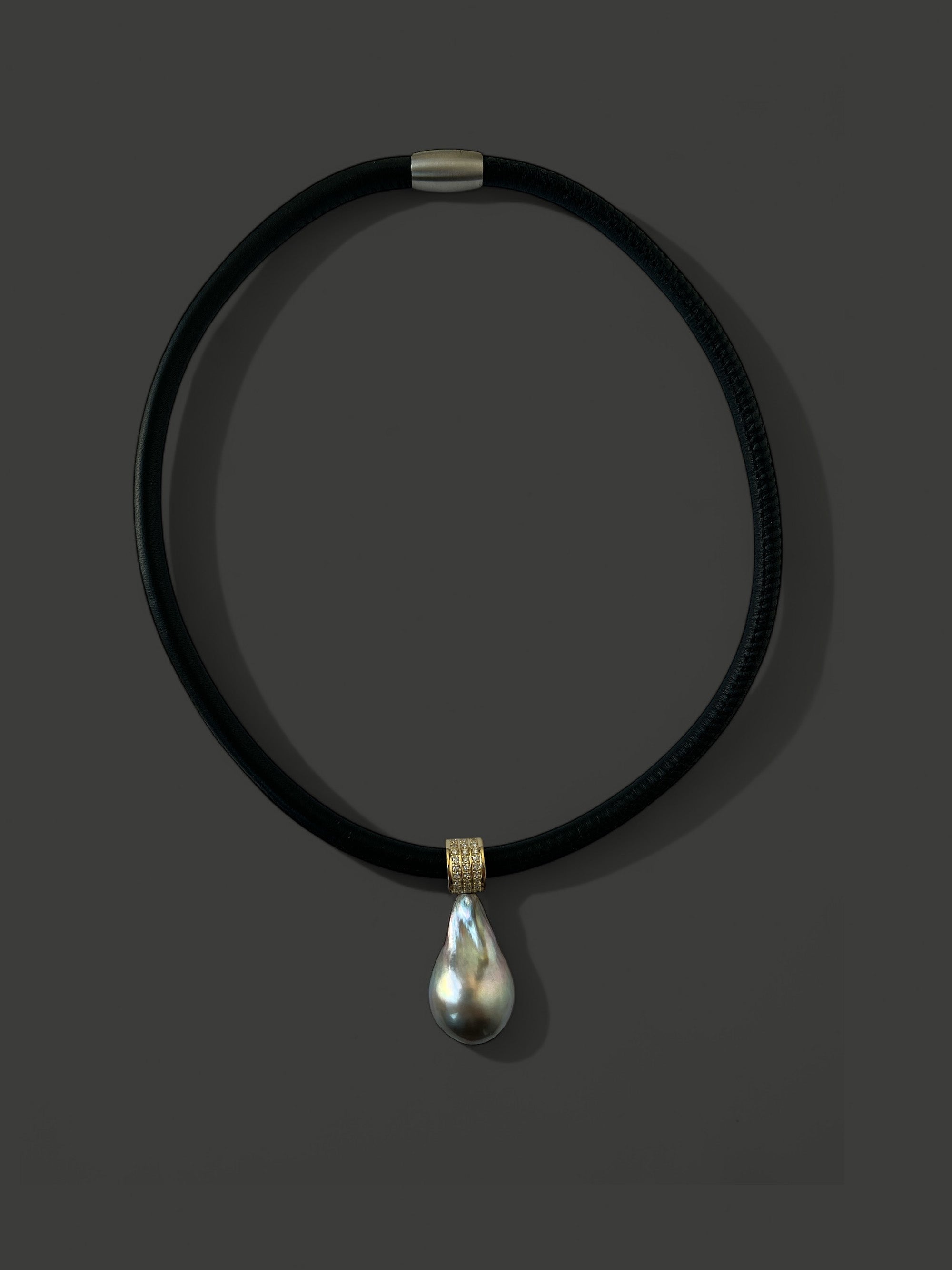 FN42 Large Baroque Black Tahitian Pearl With Diamonds Leather Necklace