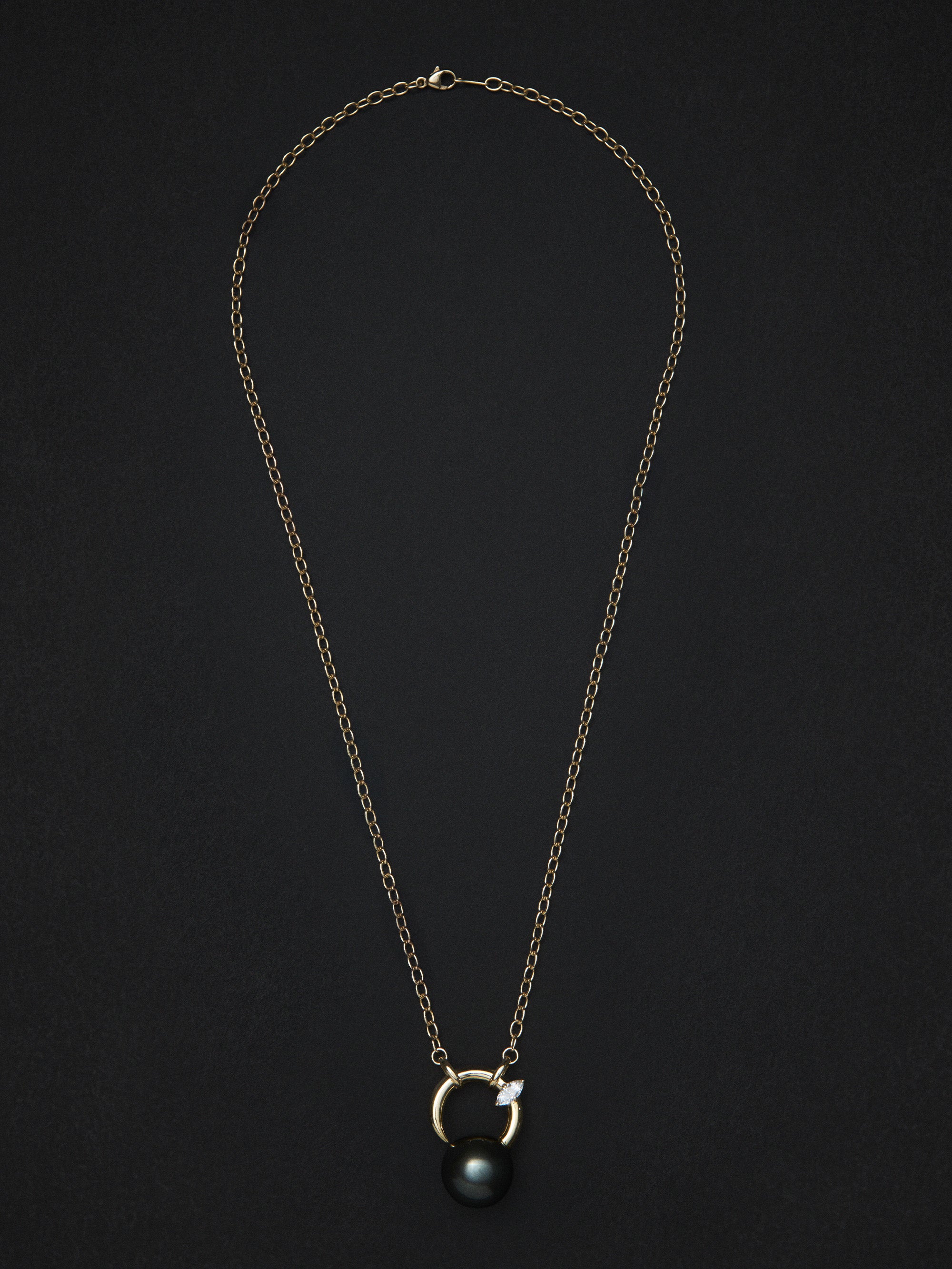 7N XVIII. Yellow Gold Curved Marquise Diamond Tahitian Pearl Necklace