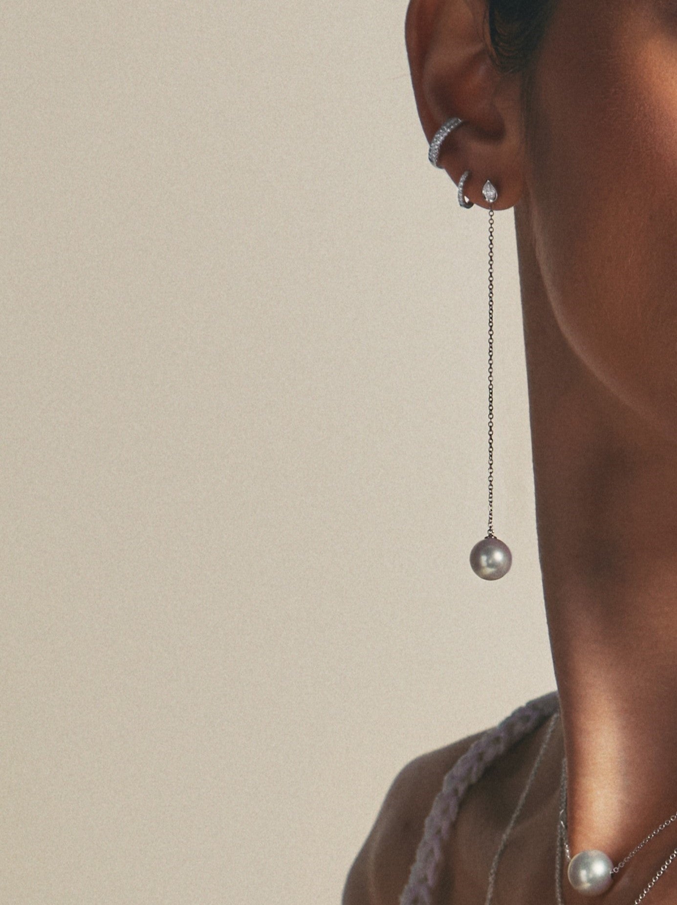 LE1Y Sea of Beauty. South Sea Pearl and Pear Diamond Long Drop Earrings