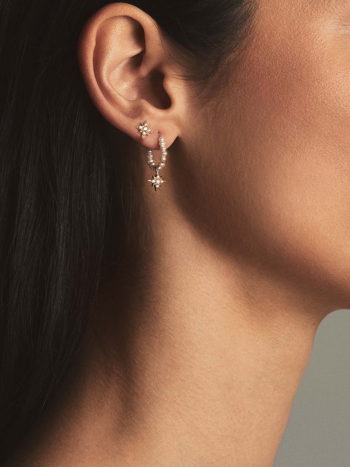 Small Pearl and Diamond Star Hoops SBE333A