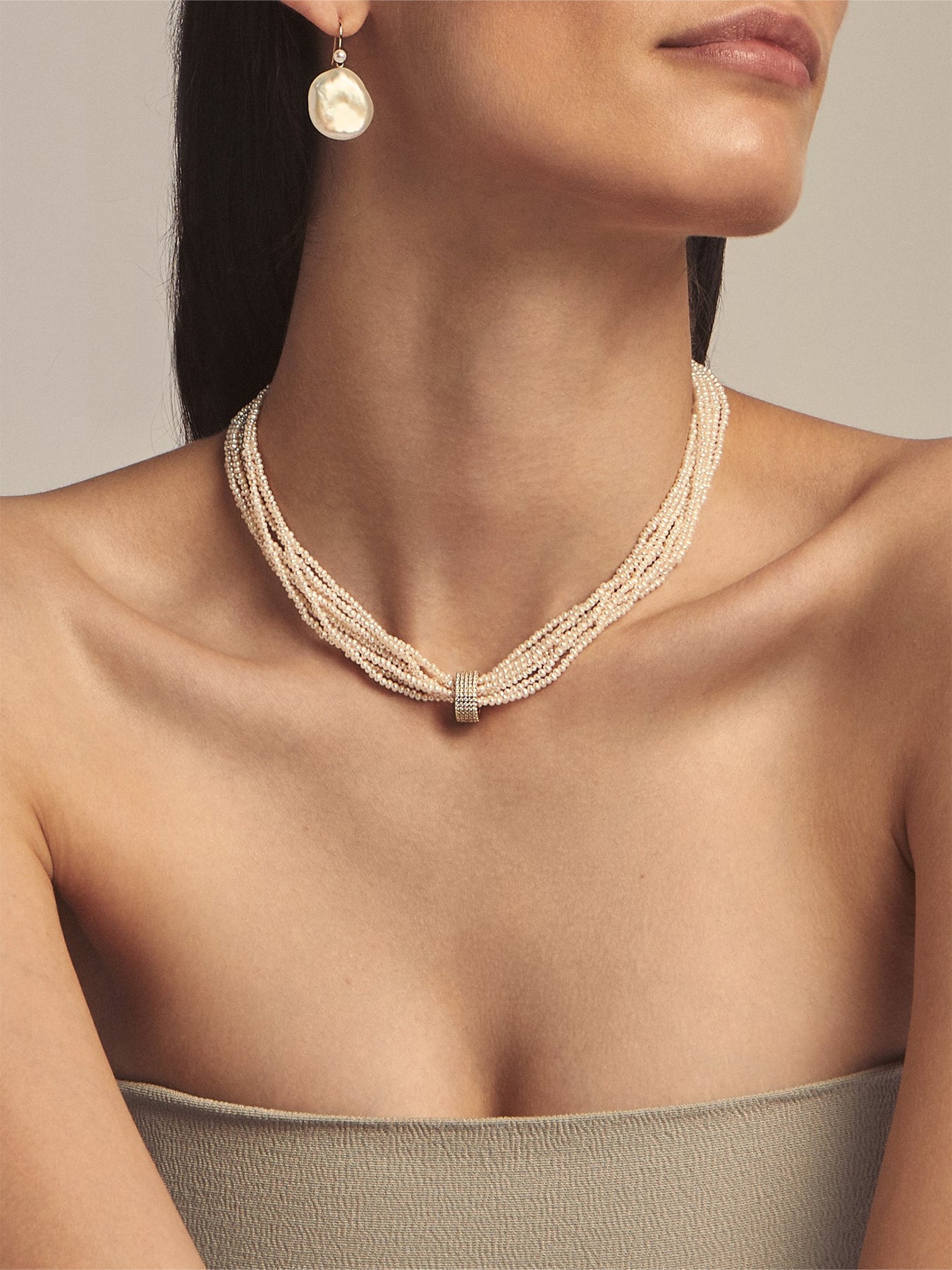 SBN249T Sea of Beauty. Eight Strand Dancing Pearl with Diamond Slider Necklace