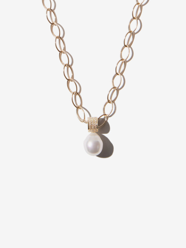 White South Sea Pearl with Three Row Diamond Charm on Large Gold Link Necklace BP14