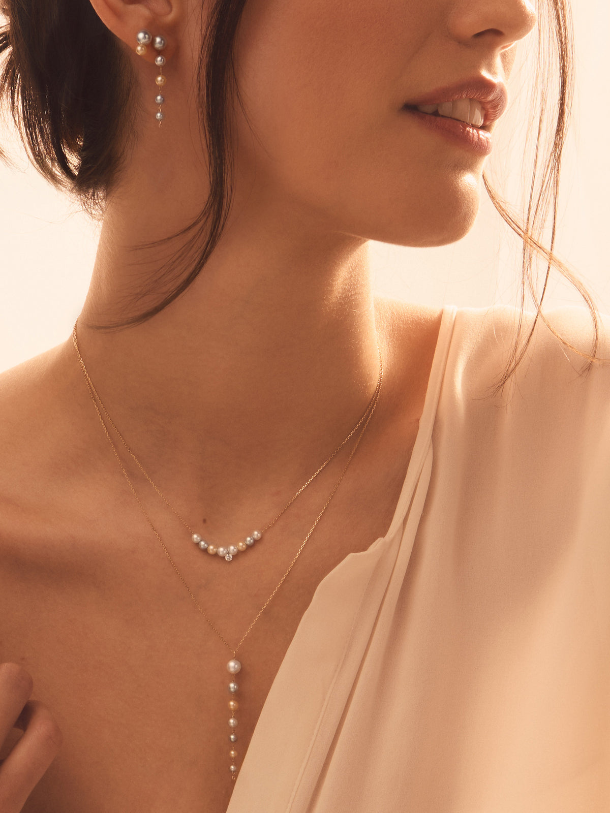 14kt Gold White Grey and Gold Akoya Pearl Y Necklace