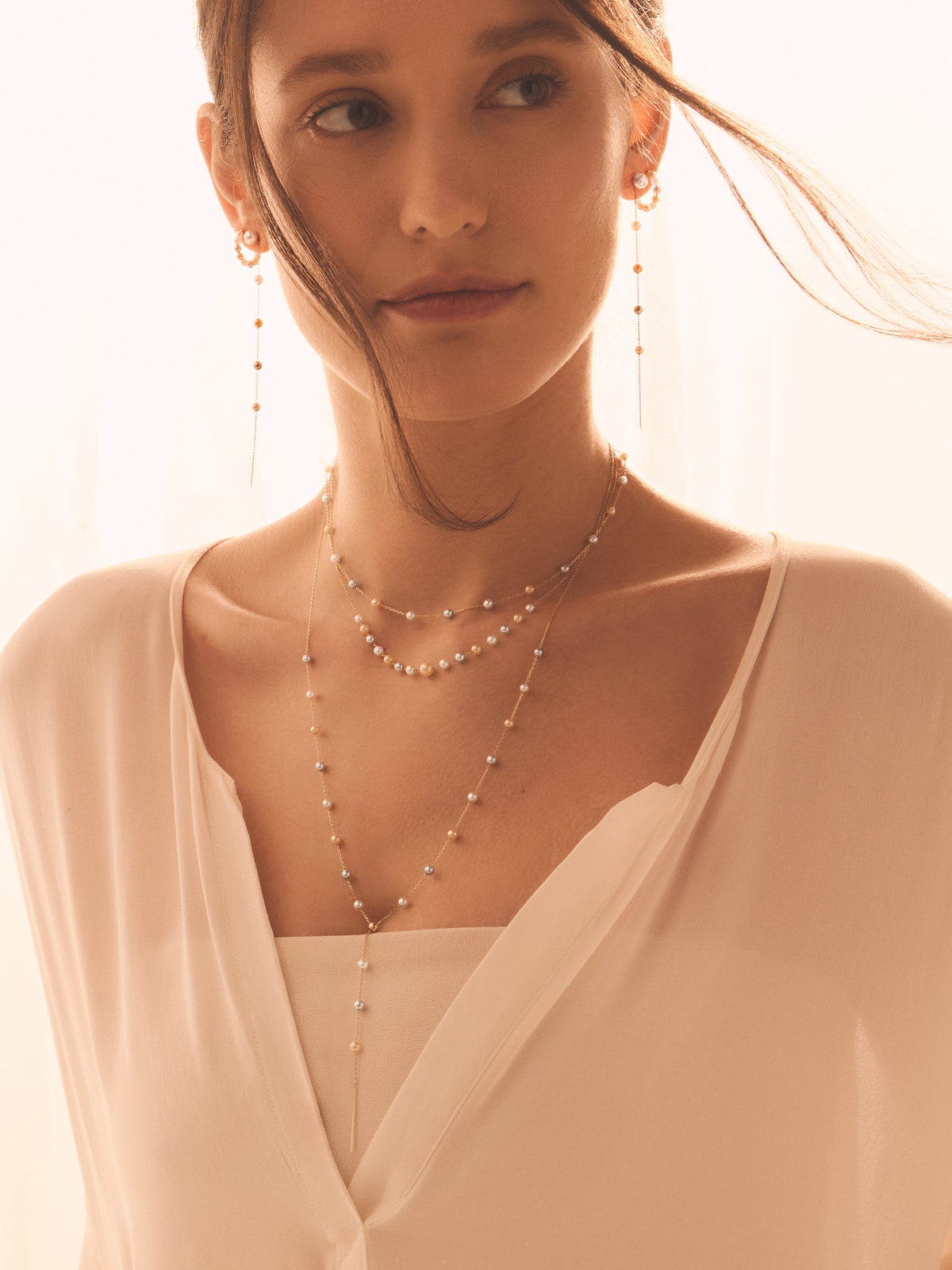 14kt Gold White Grey and Gold Akoya Pearl Long Y Necklace
