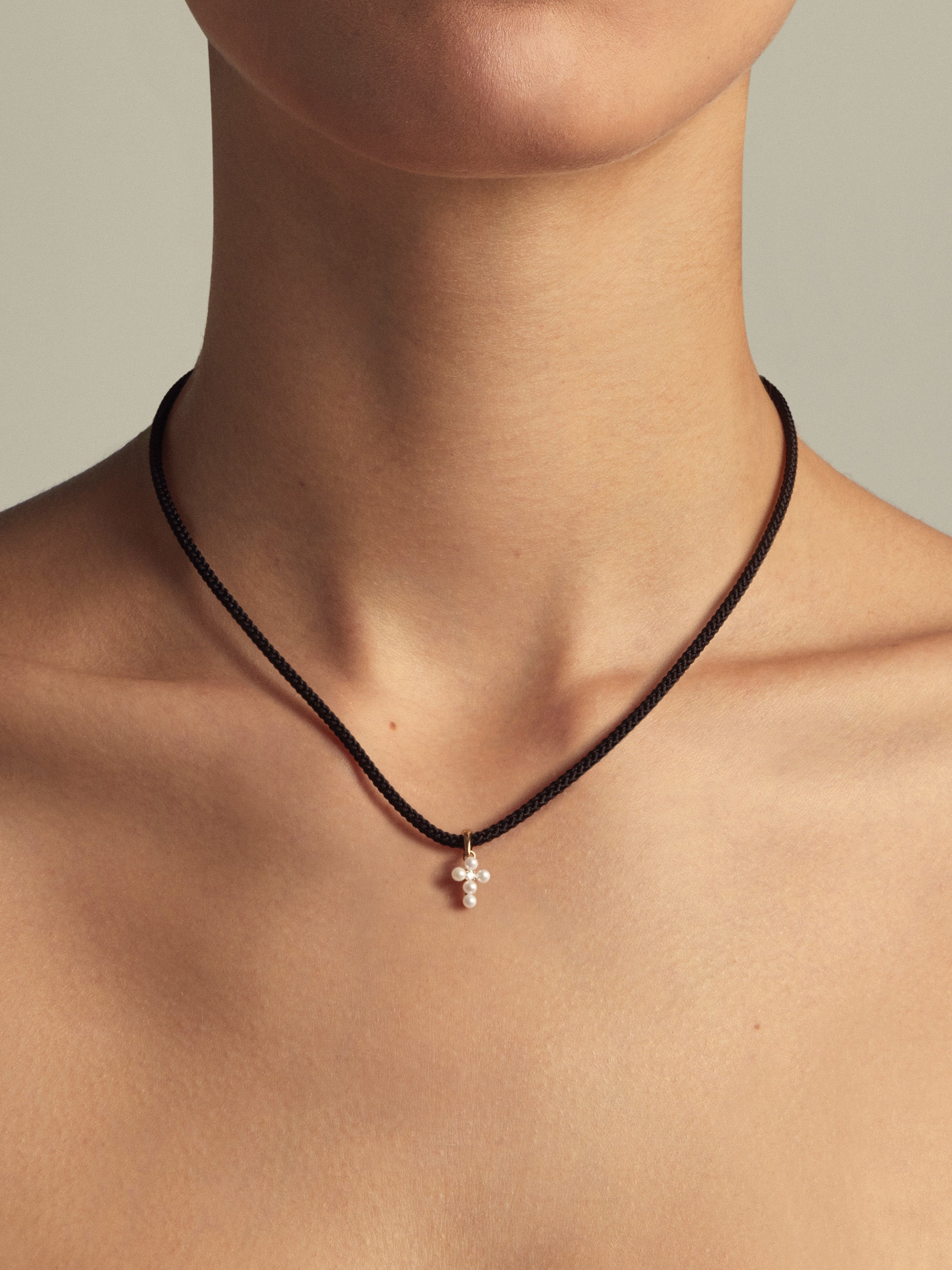 SK5X19 Sea of Beauty. Pearl and Diamond Cross Cord Necklace