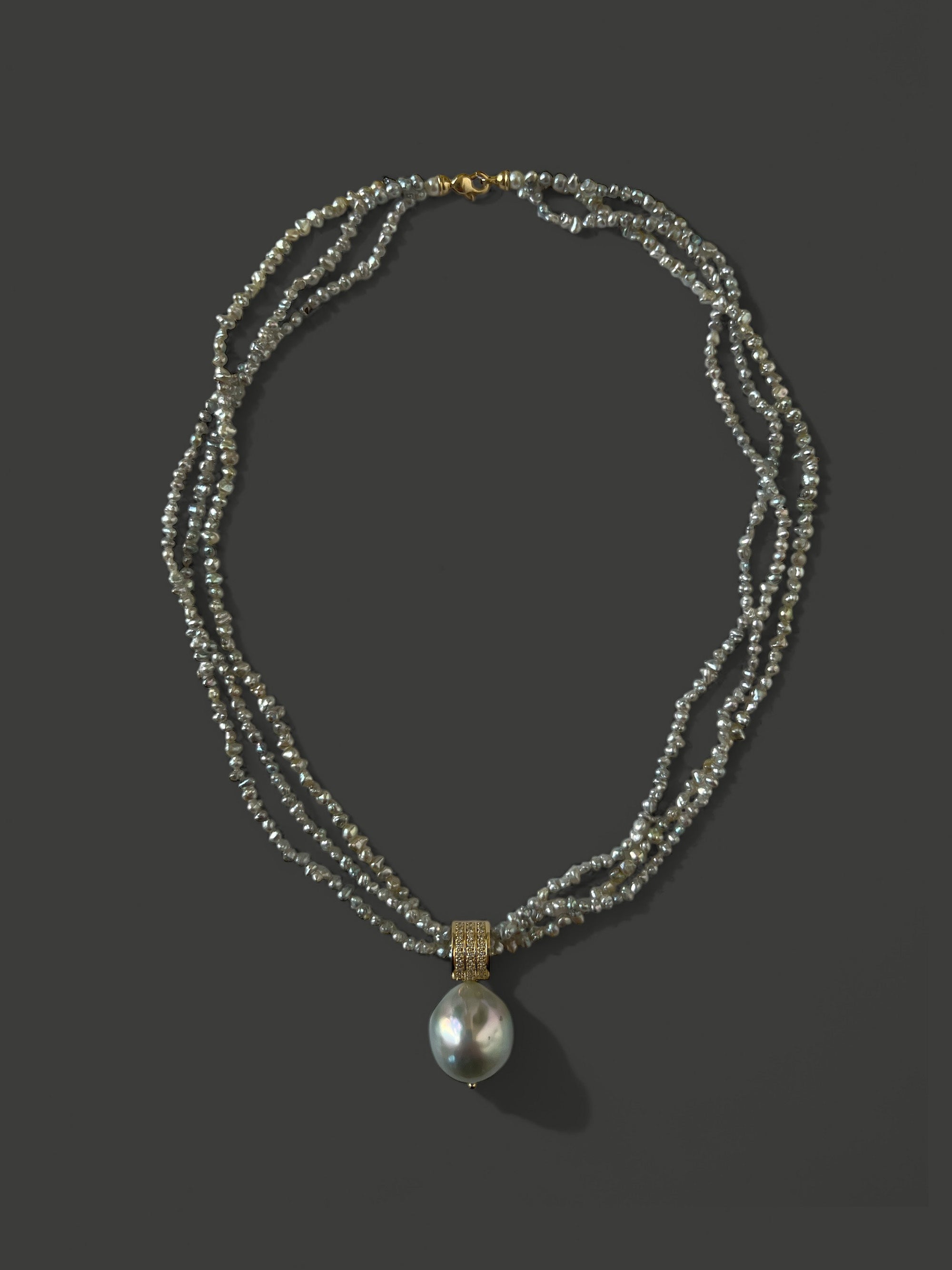 FN33 Three Strand Grey Keshi with South Sea Pearl and Diamond Necklace