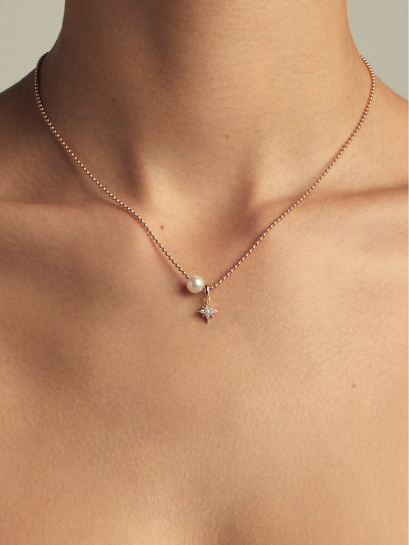 Sea of Beauty Collection. Small Ballchain and Pearl with Small Diamond Star Necklace SBN263A16