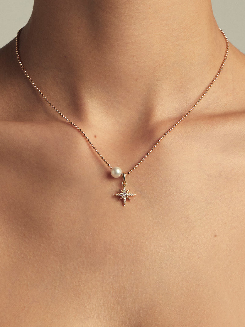 Sea of Beauty Collection. Small Ballchain and Pearl with Medium Diamond Star Necklace SBN263B
