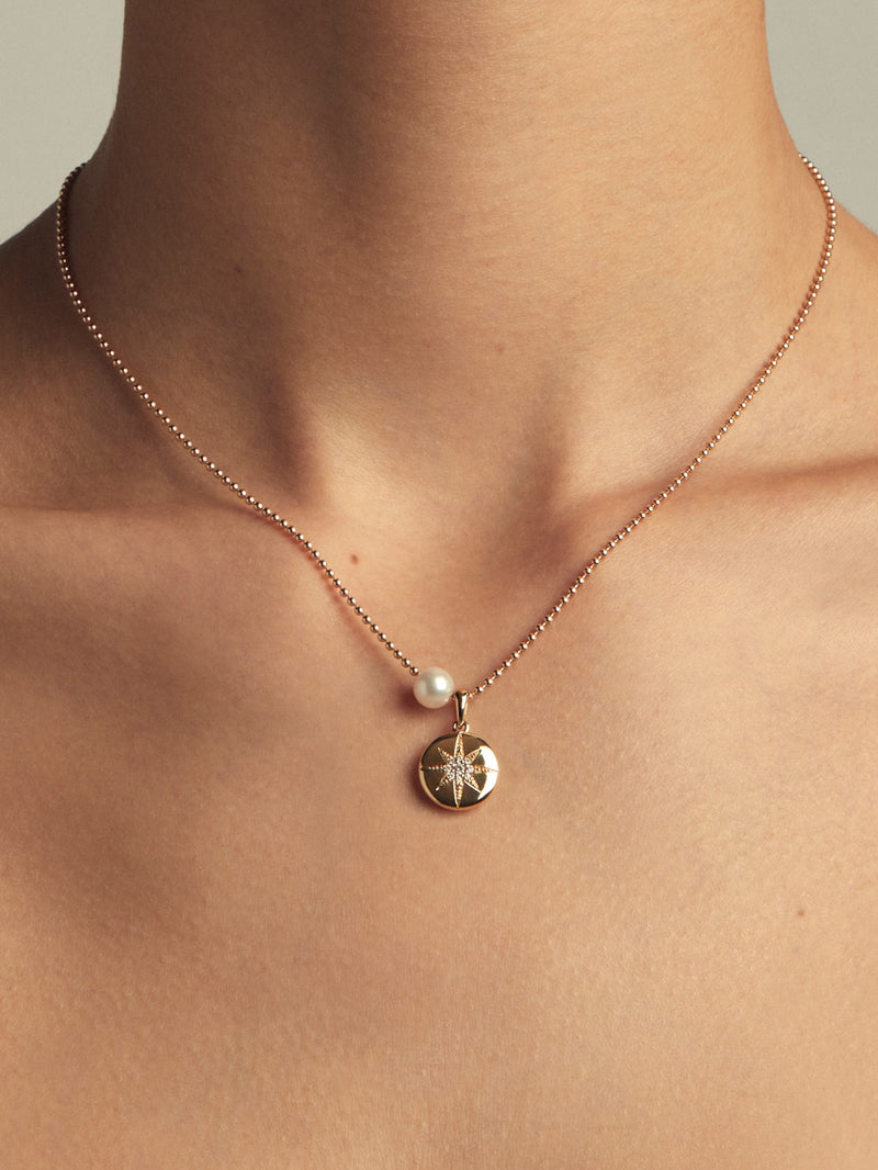 Sea of Beauty Collection. Small Ballchain and Pearl with Diamond Star Medallion Necklace SBN263G