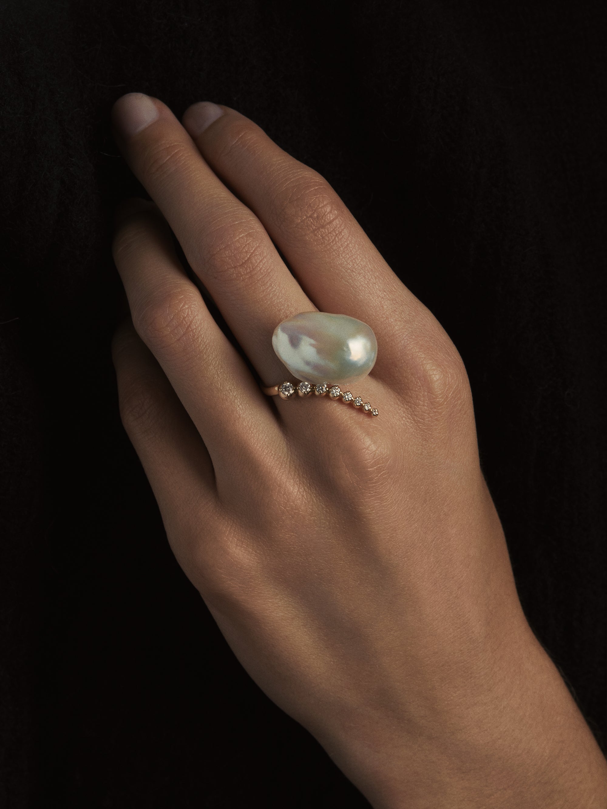 SBR42W Sea of Beauty. Open Multi Diamond and Baroque White Pearl Ring