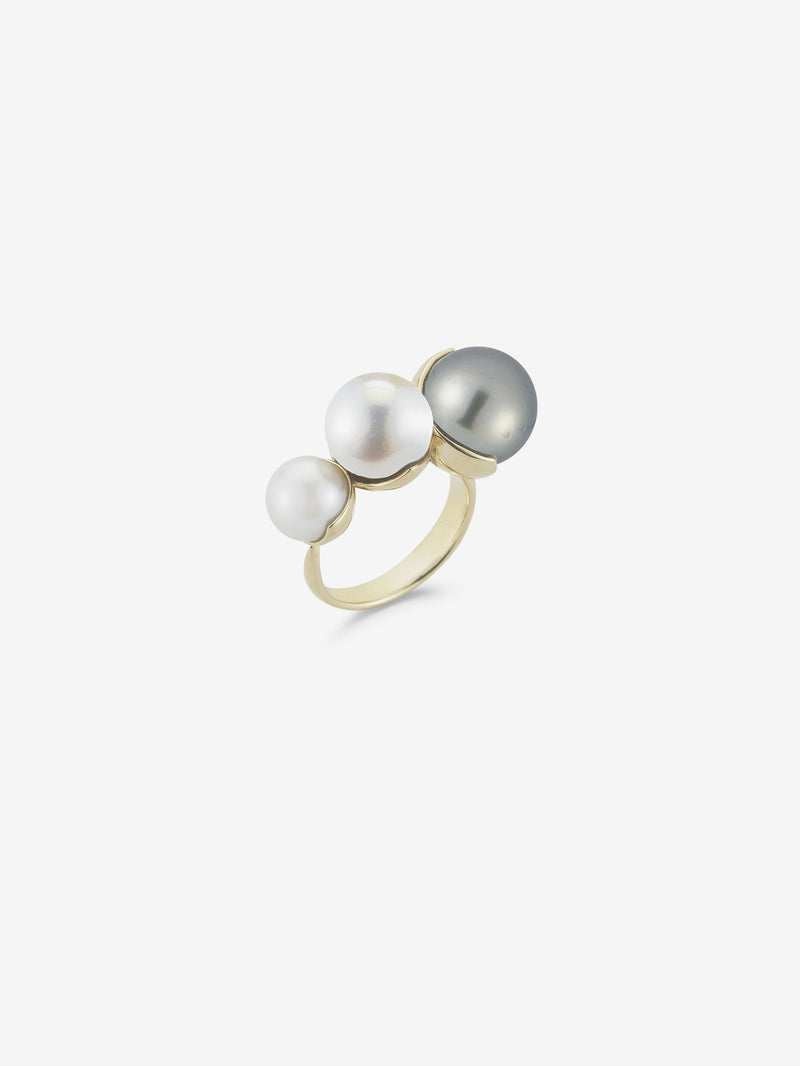Large Open Fluid Gold with Black Tahitian and White Pearls Ring  SBR59BWW